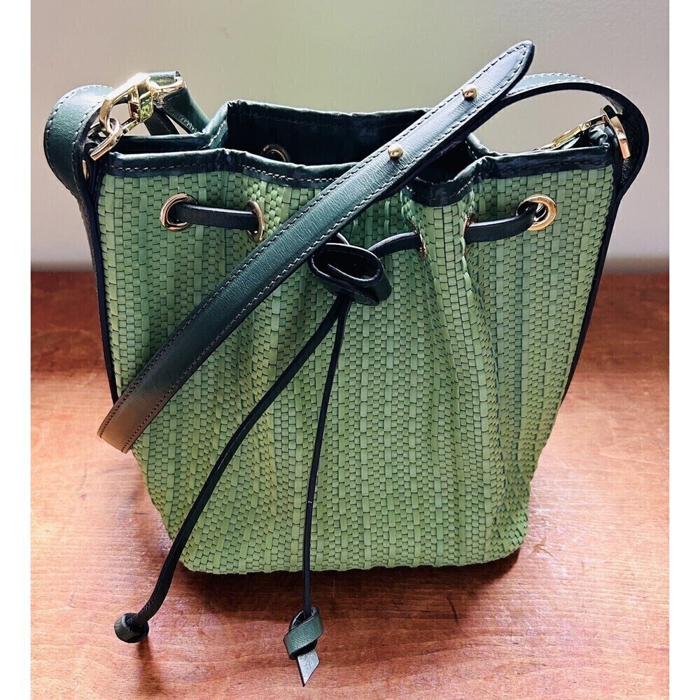 Zoe De Huertas Roma Italian Woven Green Crossbody 100% Leather Bucket Bag